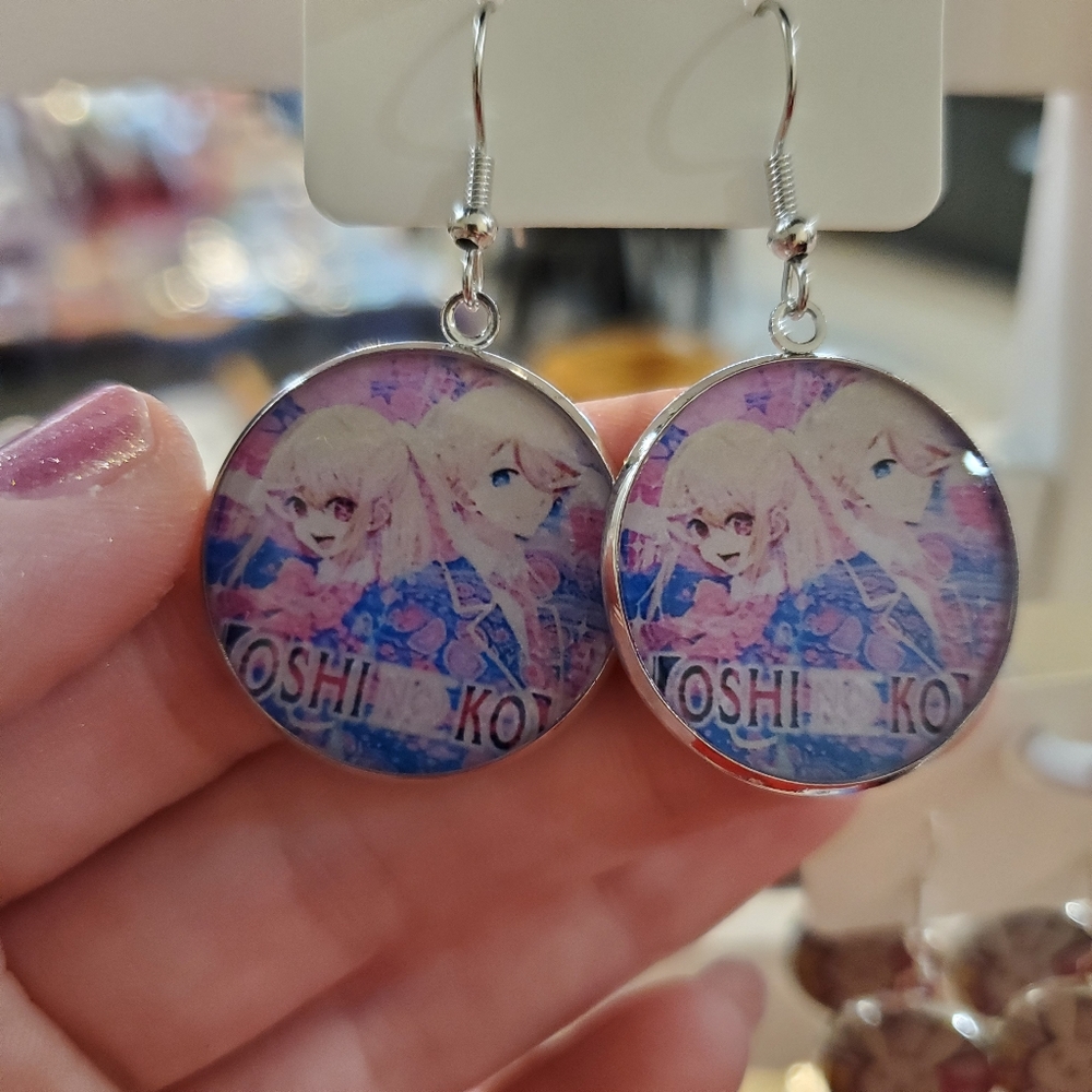 Ruby and Aqua Oshi No Ko Anime Dangle Earrings Handmade